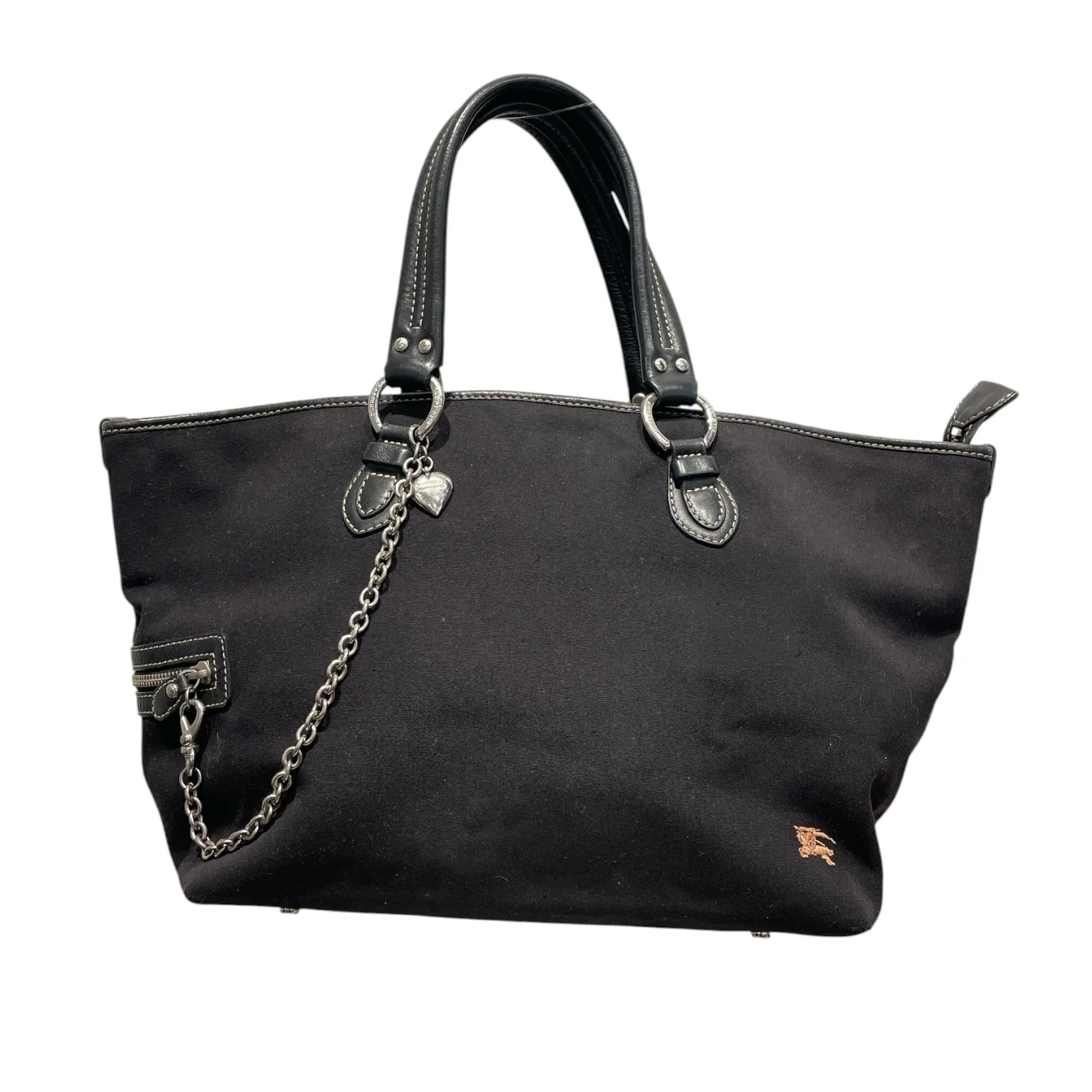 BURBERRY LONDON/Tote Bag/Nylon/BLK/Black Tote Bag w/ Chain Horse