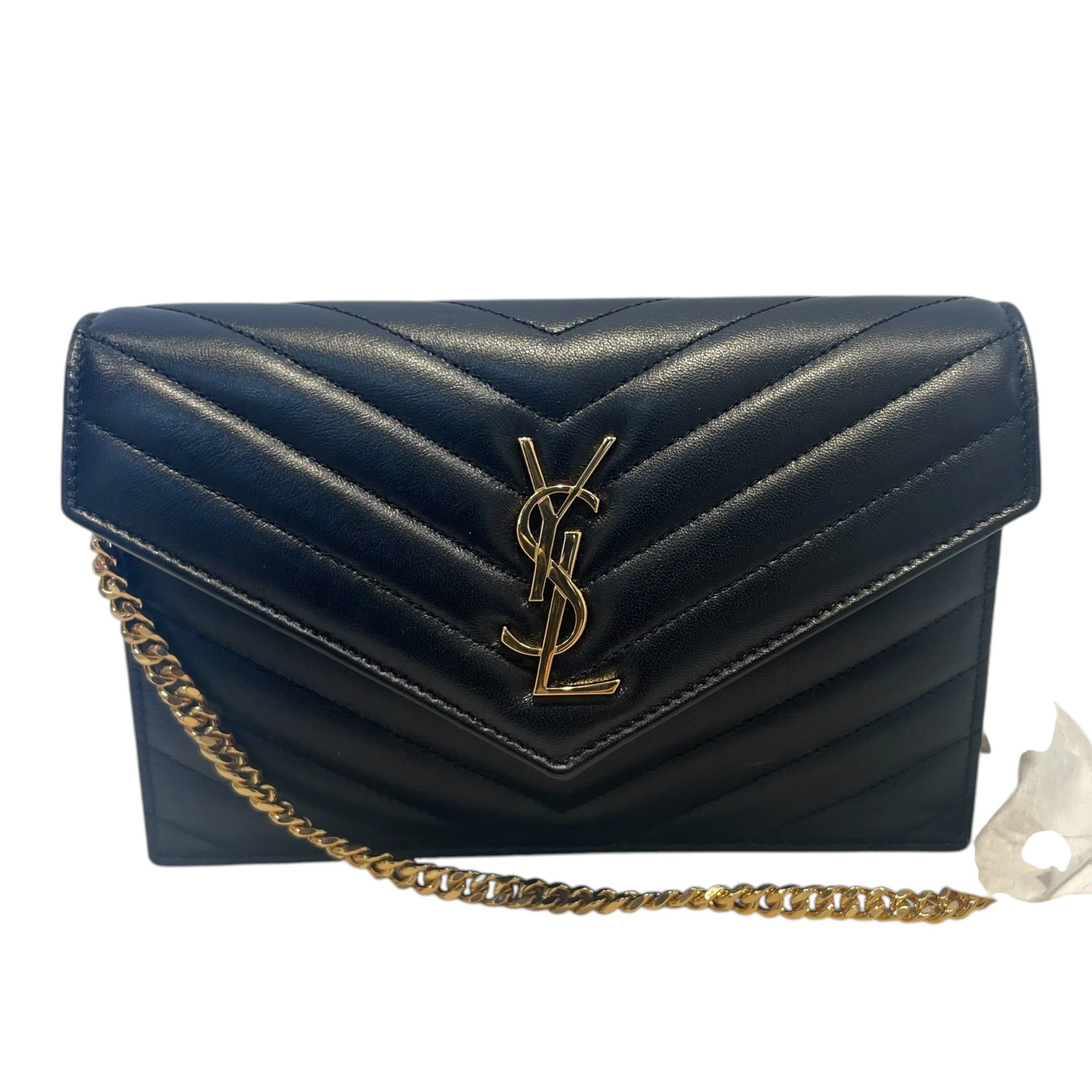 SAINT LAURENT/Hand Bag/Leather/BLK/GOLD YSL W ENVELOPE MINI