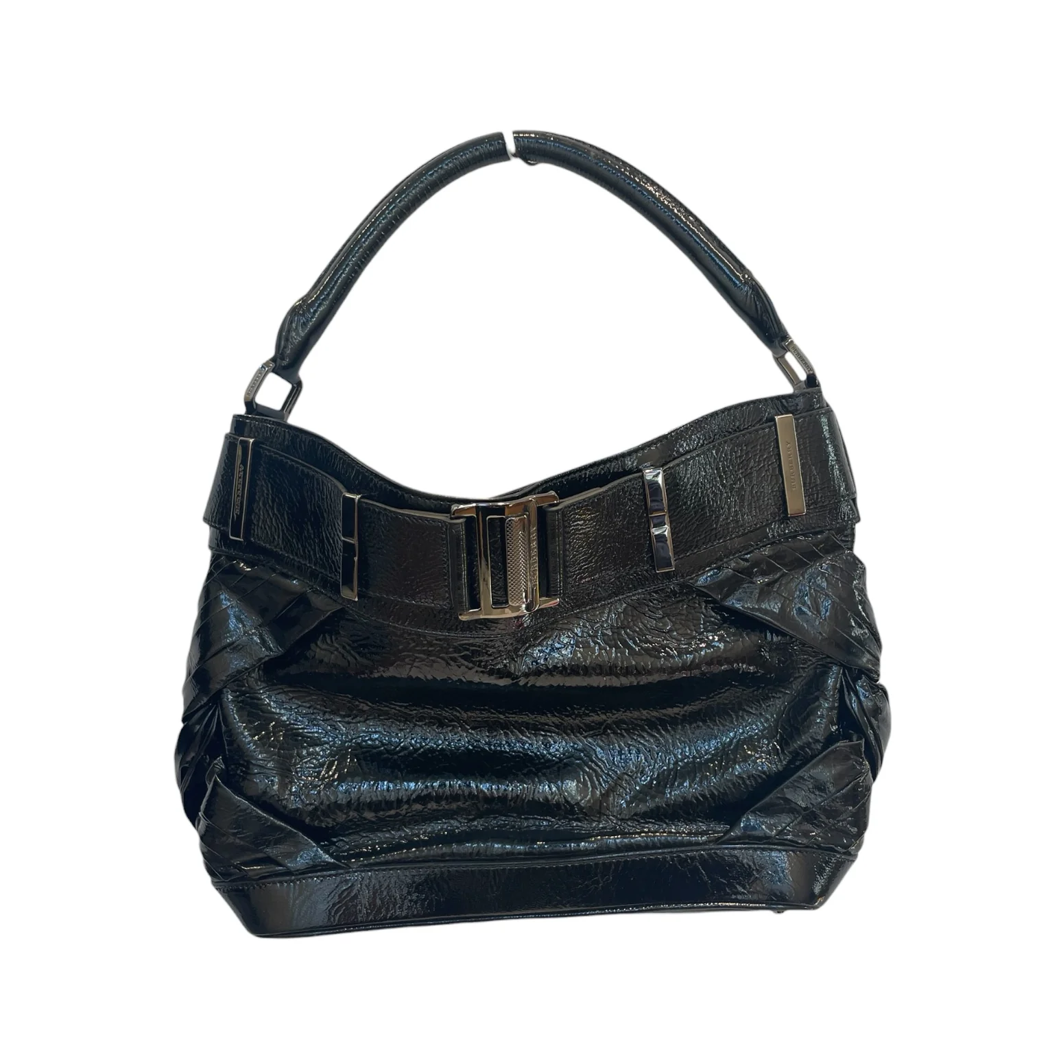 BURBERRY/Tote Bag/Leather/BLK/shiny black w belt buckle