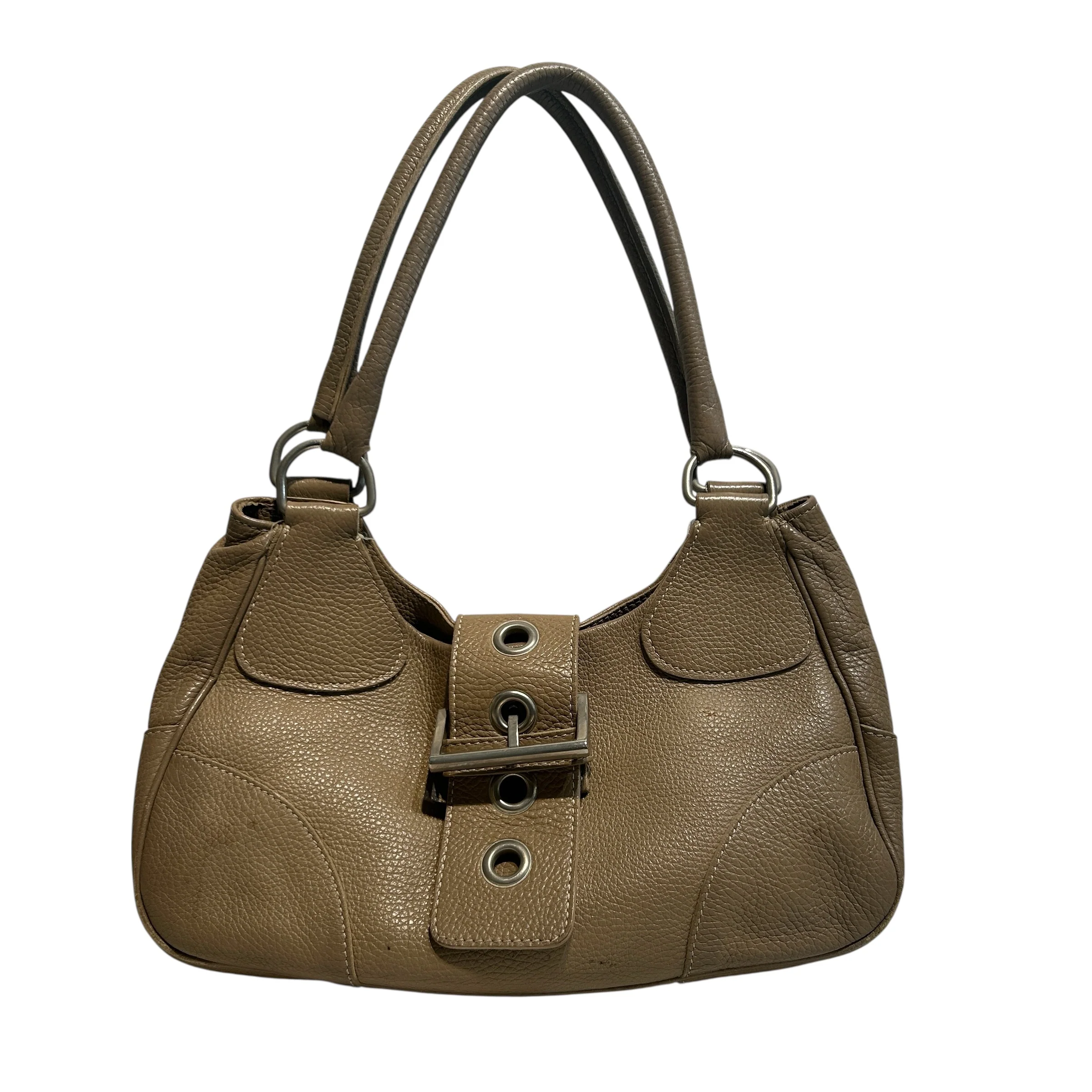 PRADA/Hand Bag/Leather/KHK/Enameled Metal Triangle Moon