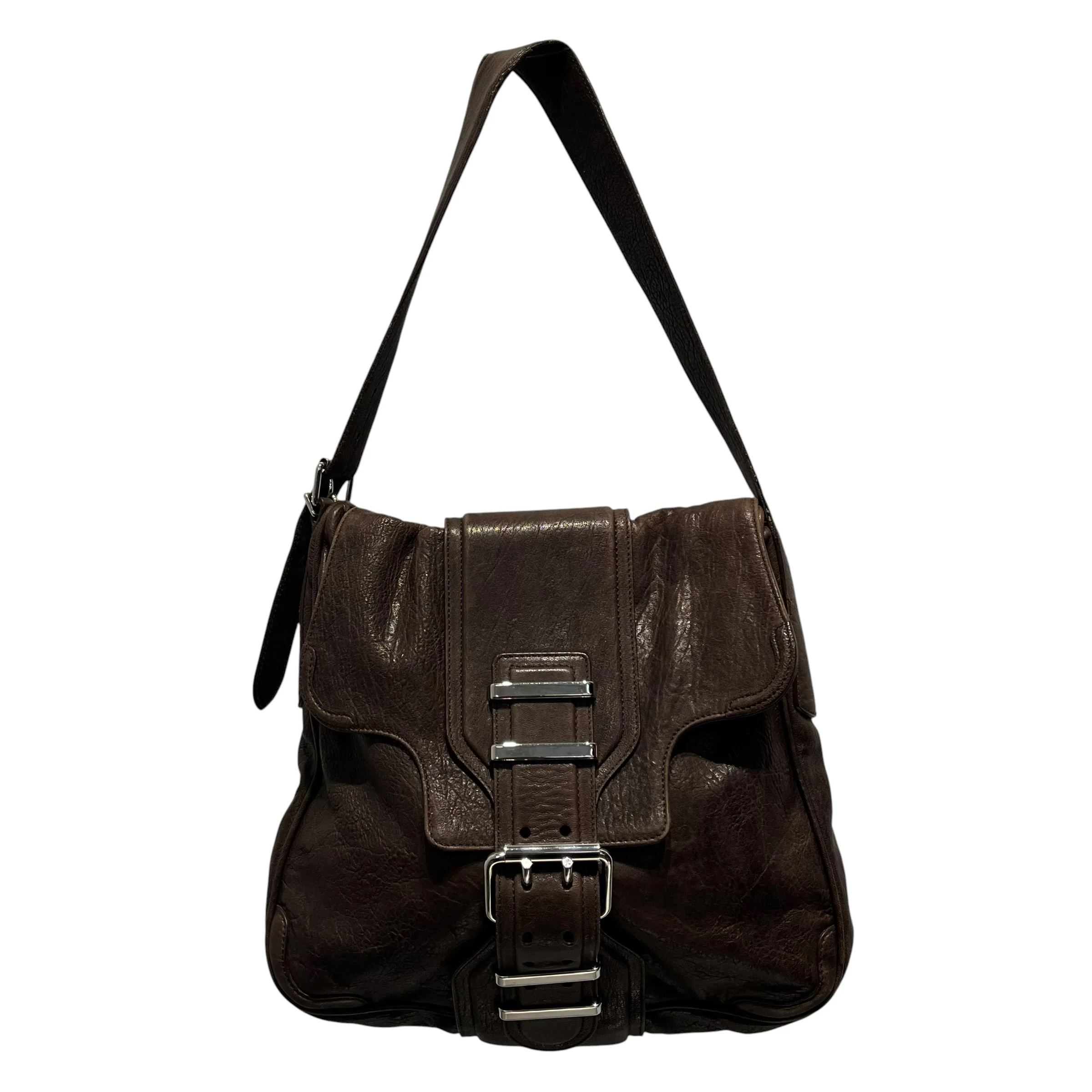 BALENCIAGA/Hand Bag/Leather/BRW/DISTRESSED FRONT BUCKLE BAG