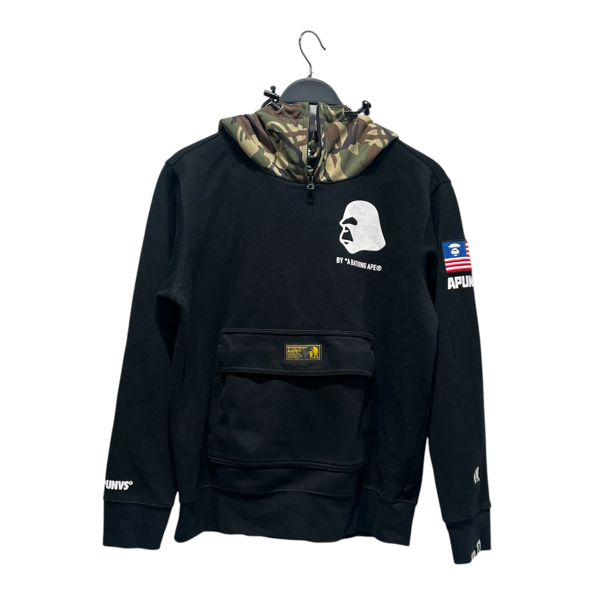 AAPE BY A BATHING APE/Hoodie/L/Graphic/Cotton/BLK/CAMO HOOD US & FLAG PATCH