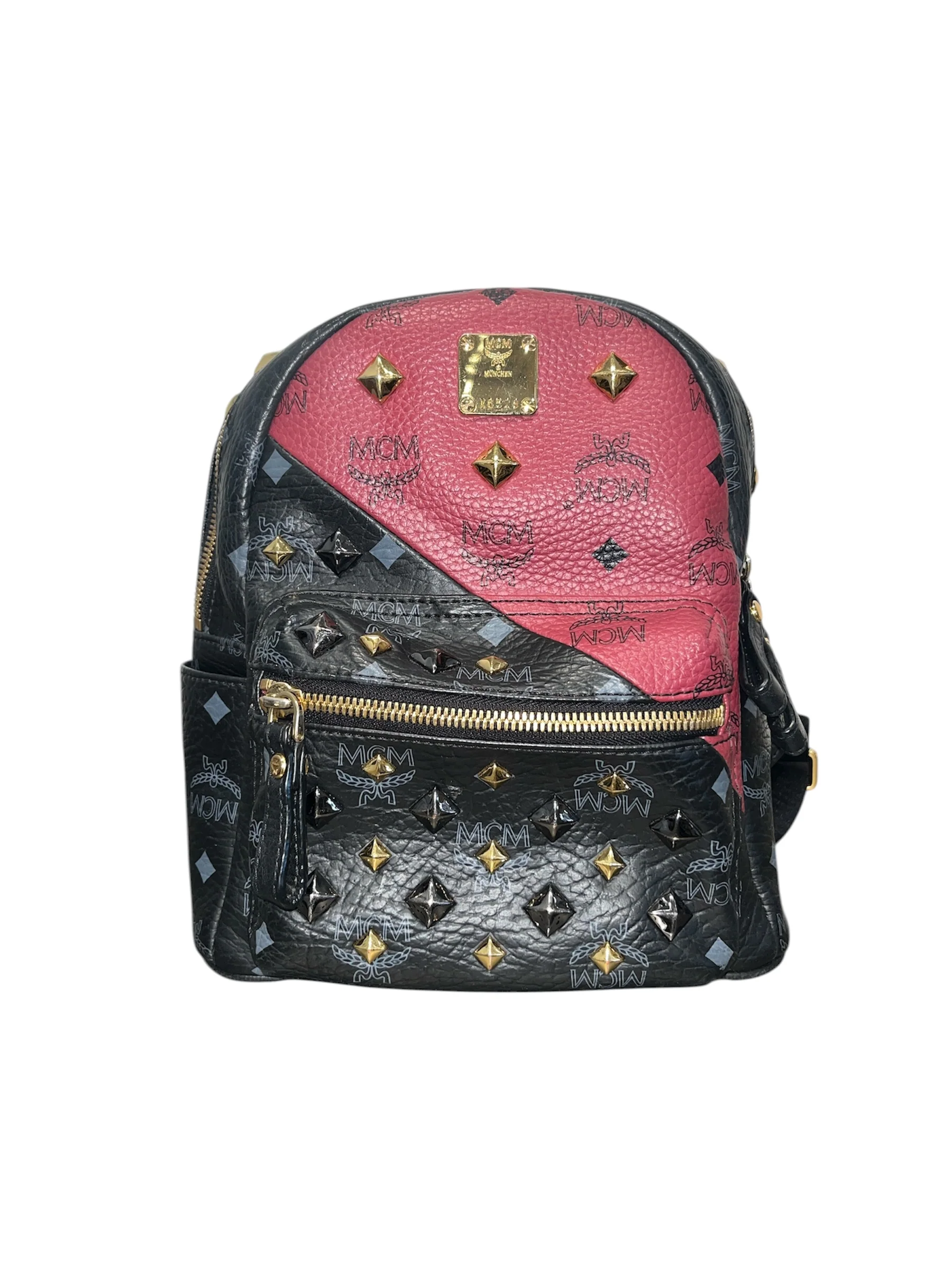 MCM/Backpack/Monogram/Leather/BLK/red/blk gold studded mini back
