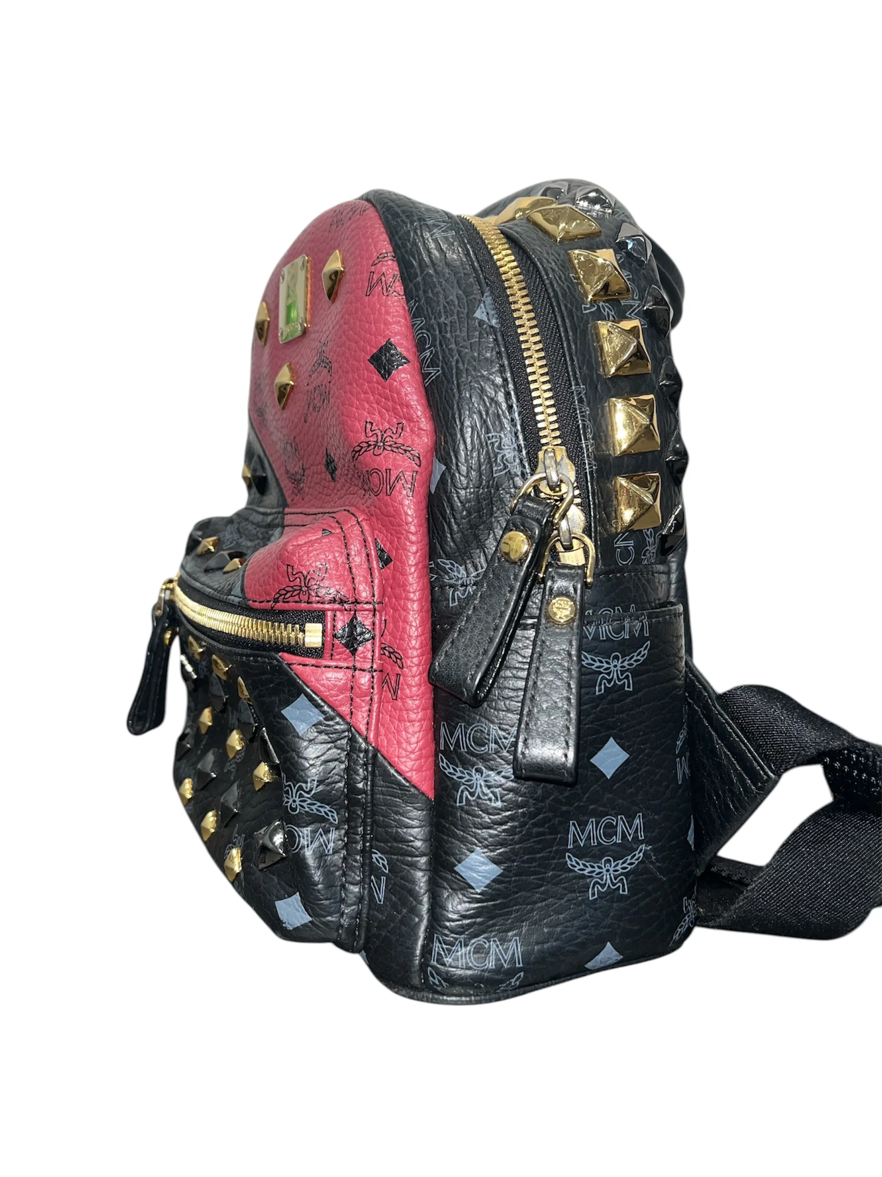 MCM/Backpack/Monogram/Leather/BLK/red/blk gold studded mini back