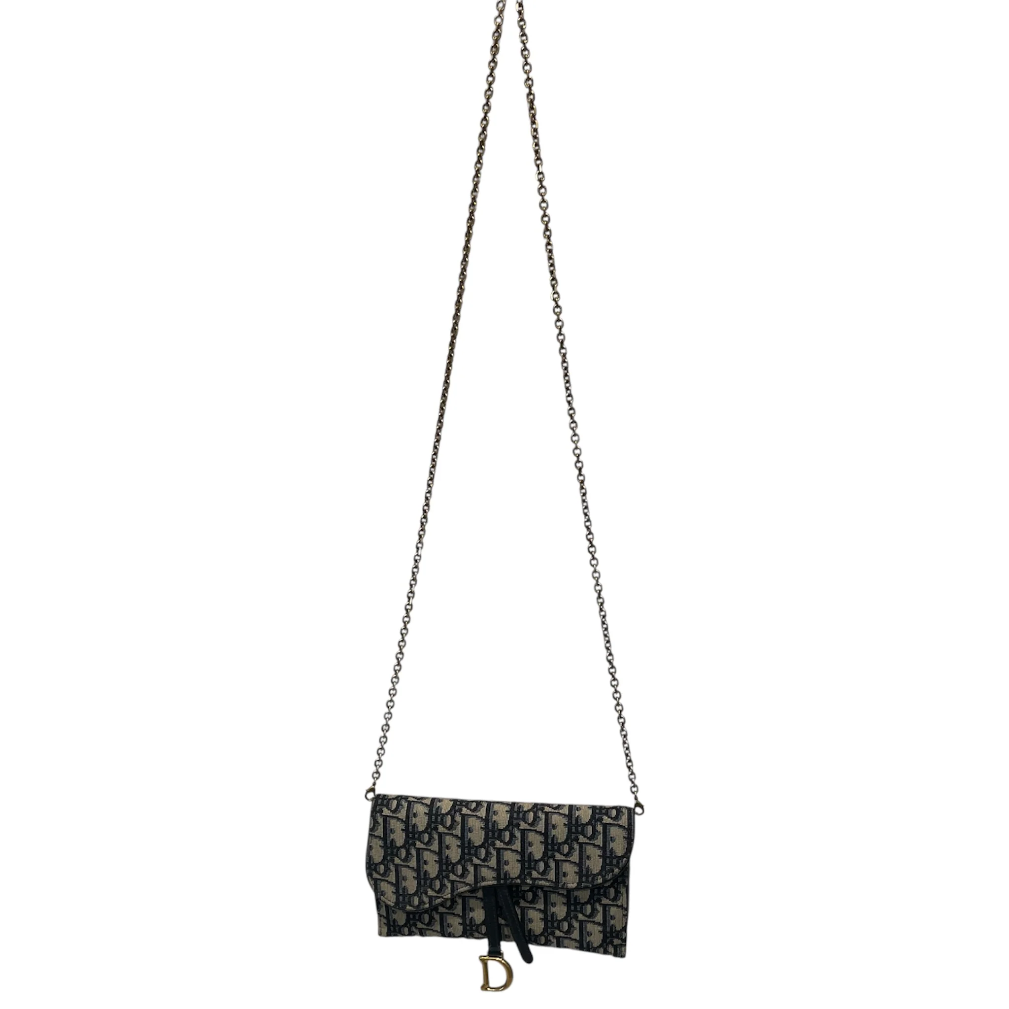 Christian Dior/Cross Body Bag/Monogram/Cotton/NVY/OBLIQUE SADDLE WALLET ON CHAIN