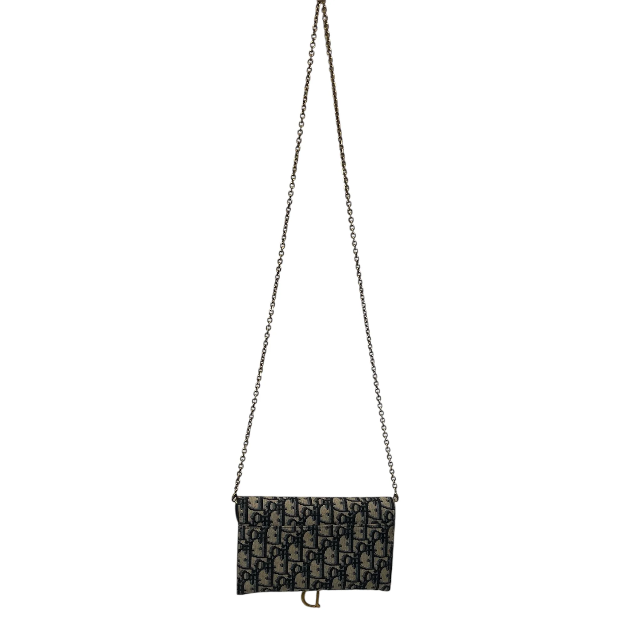 Christian Dior/Cross Body Bag/Monogram/Cotton/NVY/OBLIQUE SADDLE WALLET ON CHAIN
