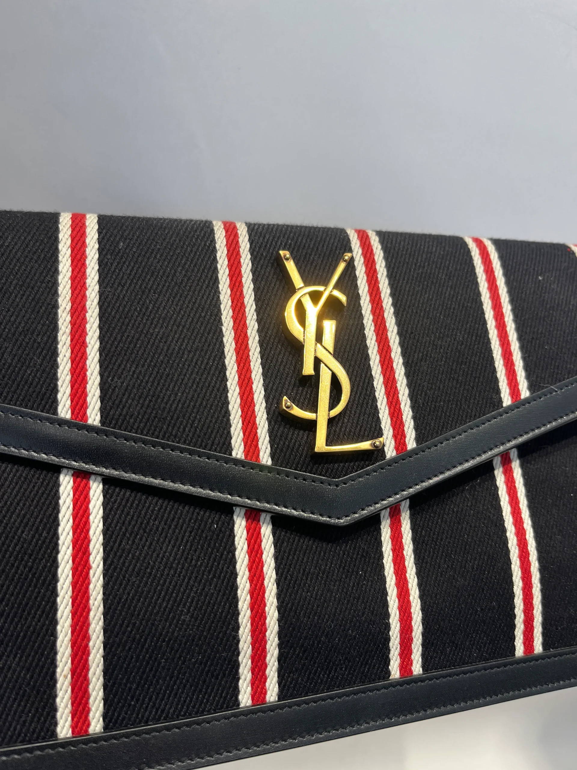 SAINT LAURENT/Clutch Bag/Stripe/Cotton/BLK/UPTOWN REDWHITE/ ENVELOP