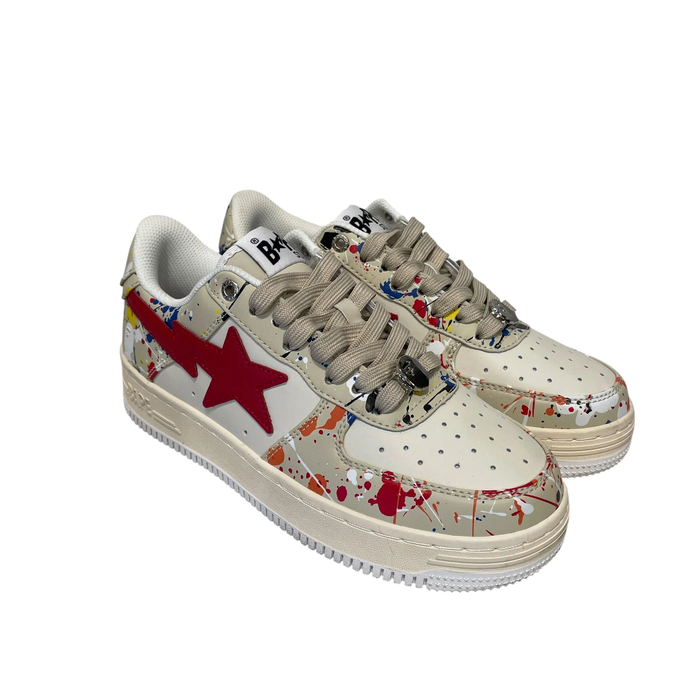 BAPE STA!/Low-Sneakers/US 6.5/All Over Print/Leather/BEG/PAINTSPLATTER