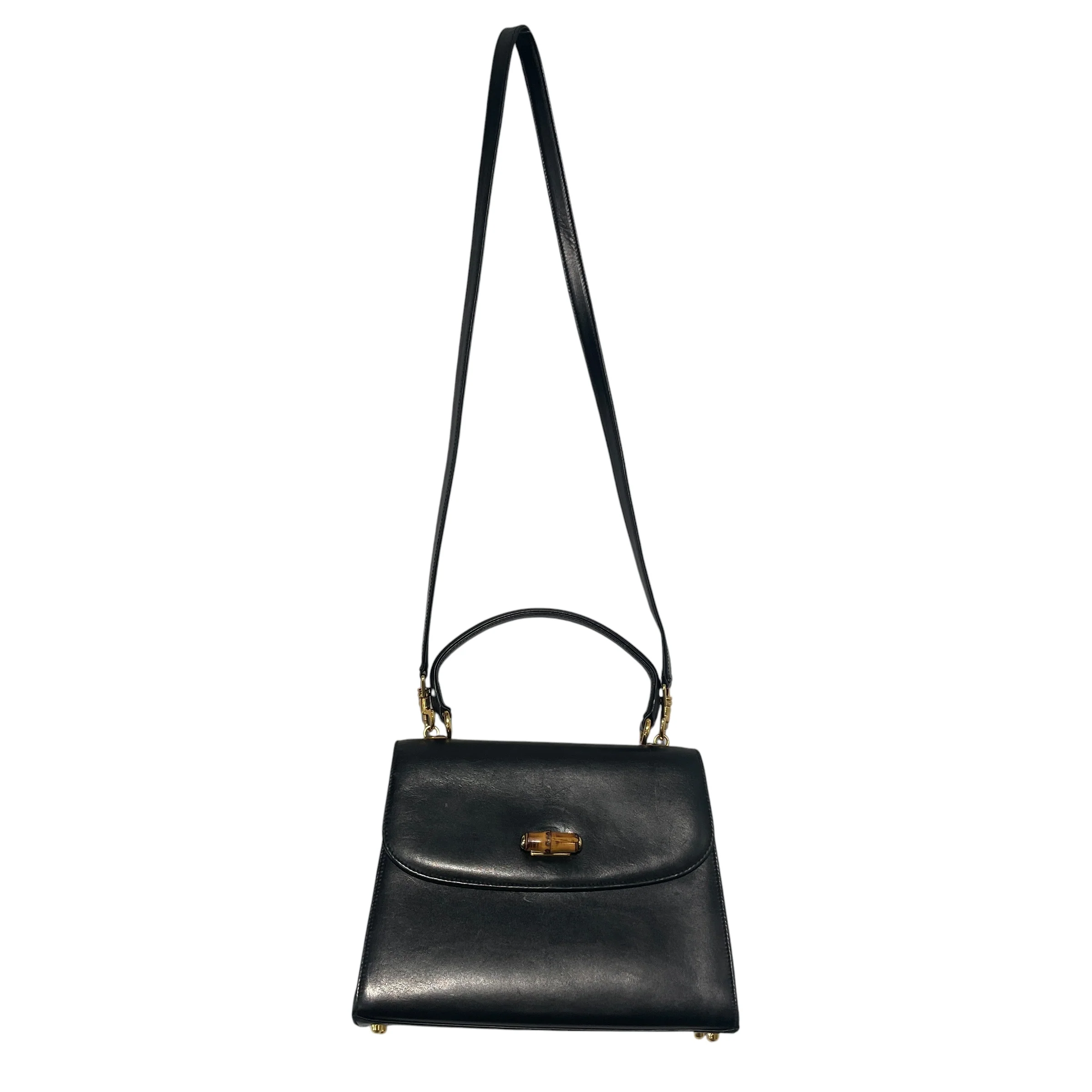 GUCCI/Hand Bag/Leather/BLK/Vintage Bamboo Handle Bag