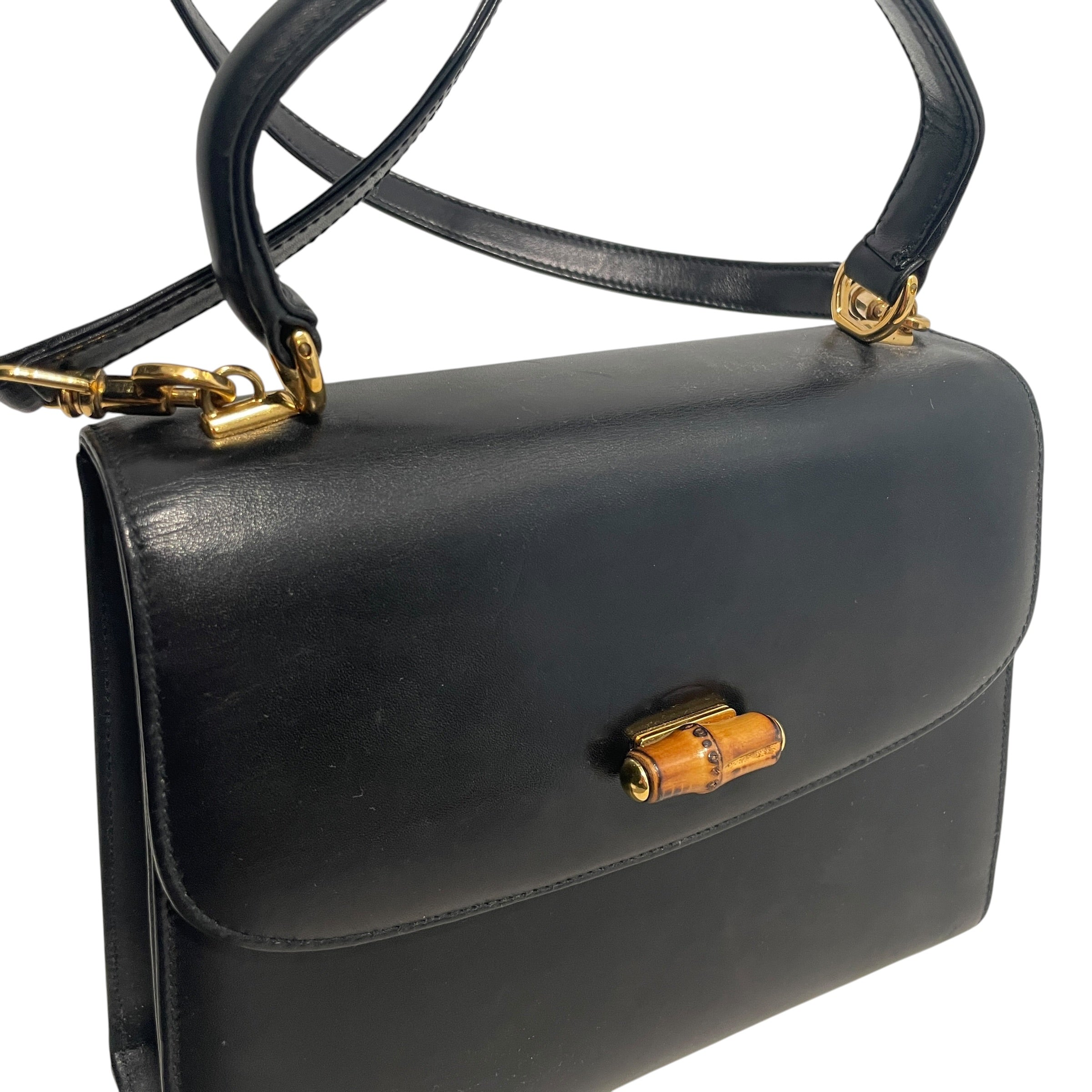 GUCCI/Hand Bag/Leather/BLK/Vintage Bamboo Handle Bag
