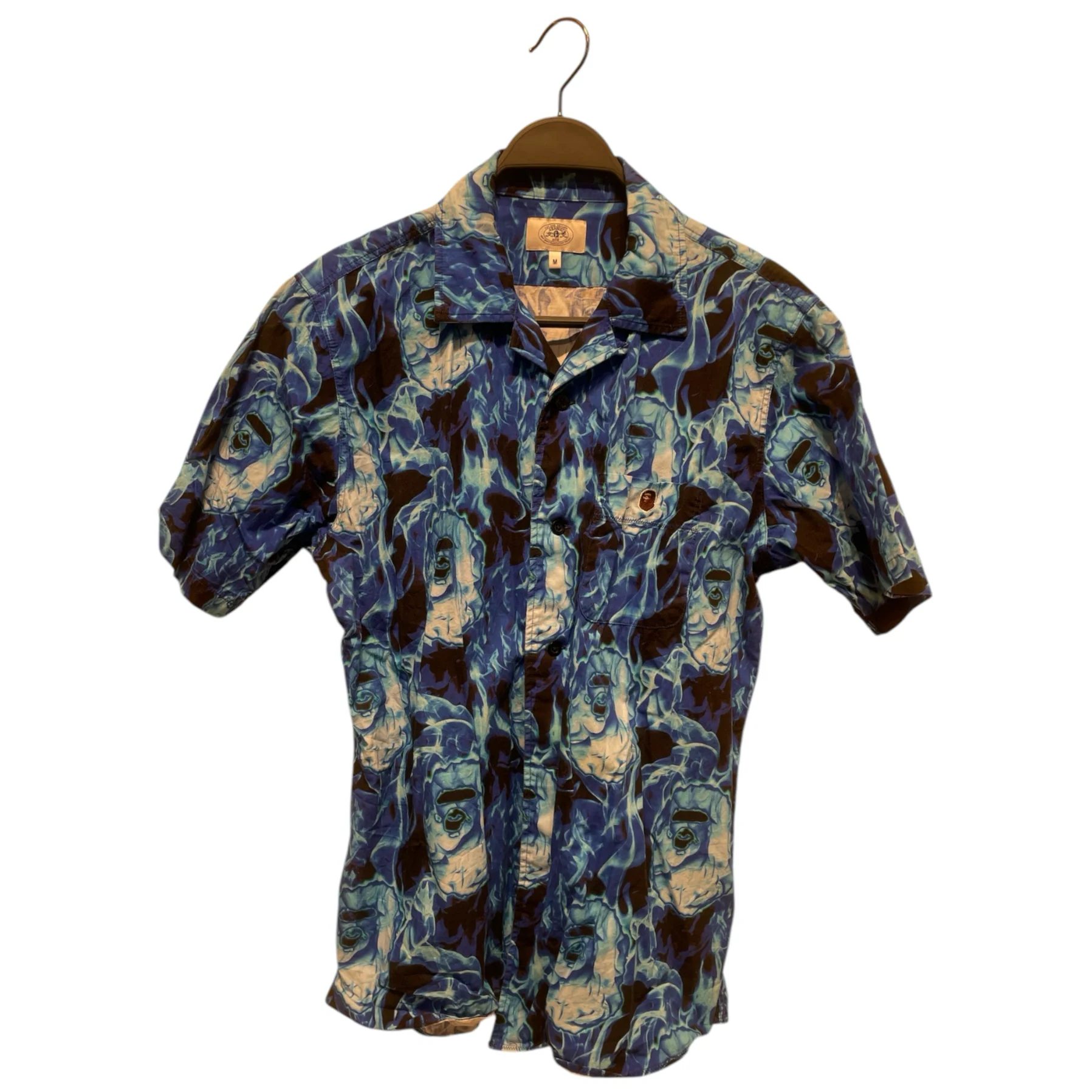 BAPE STA!/T-Shirt/M/Cotton/BLU/All Over Print/Bape Flame Open Collar