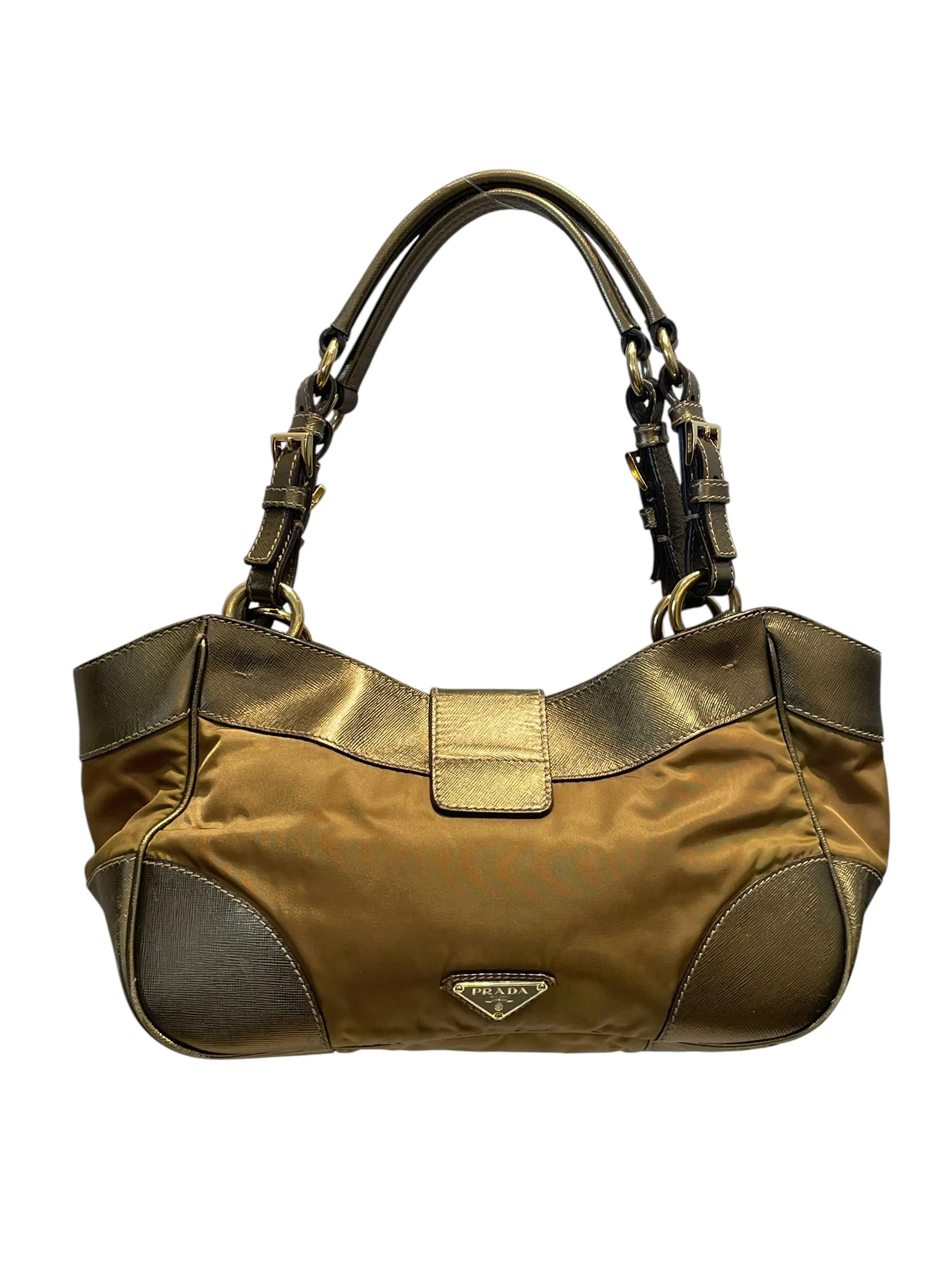 PRADA/Hand Bag/Nylon/GLD/BUCKLE HOBO SAFFIANO