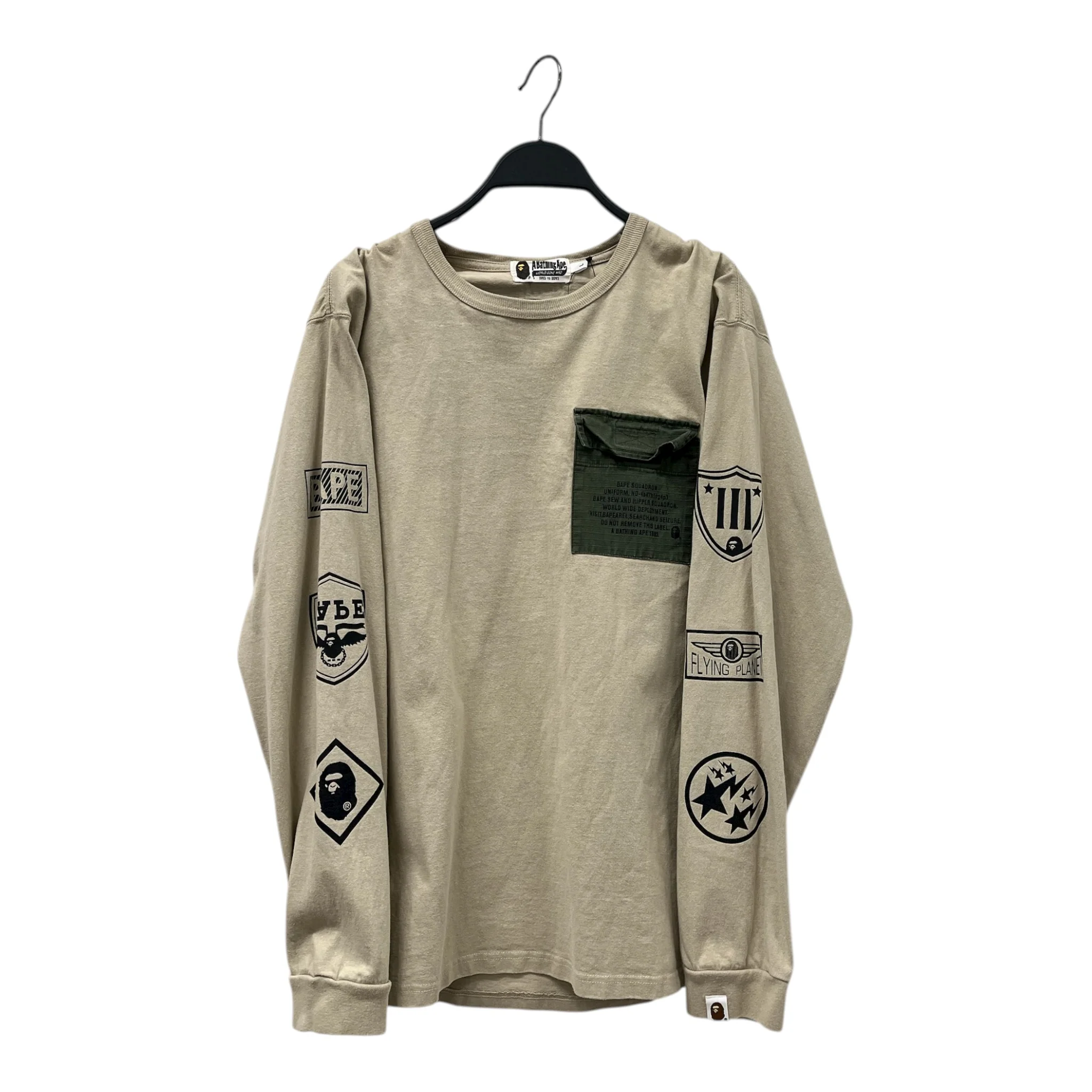 A BATHING APE/LS T-Shirt/L/Cotton/CRM/GREEN POCKET