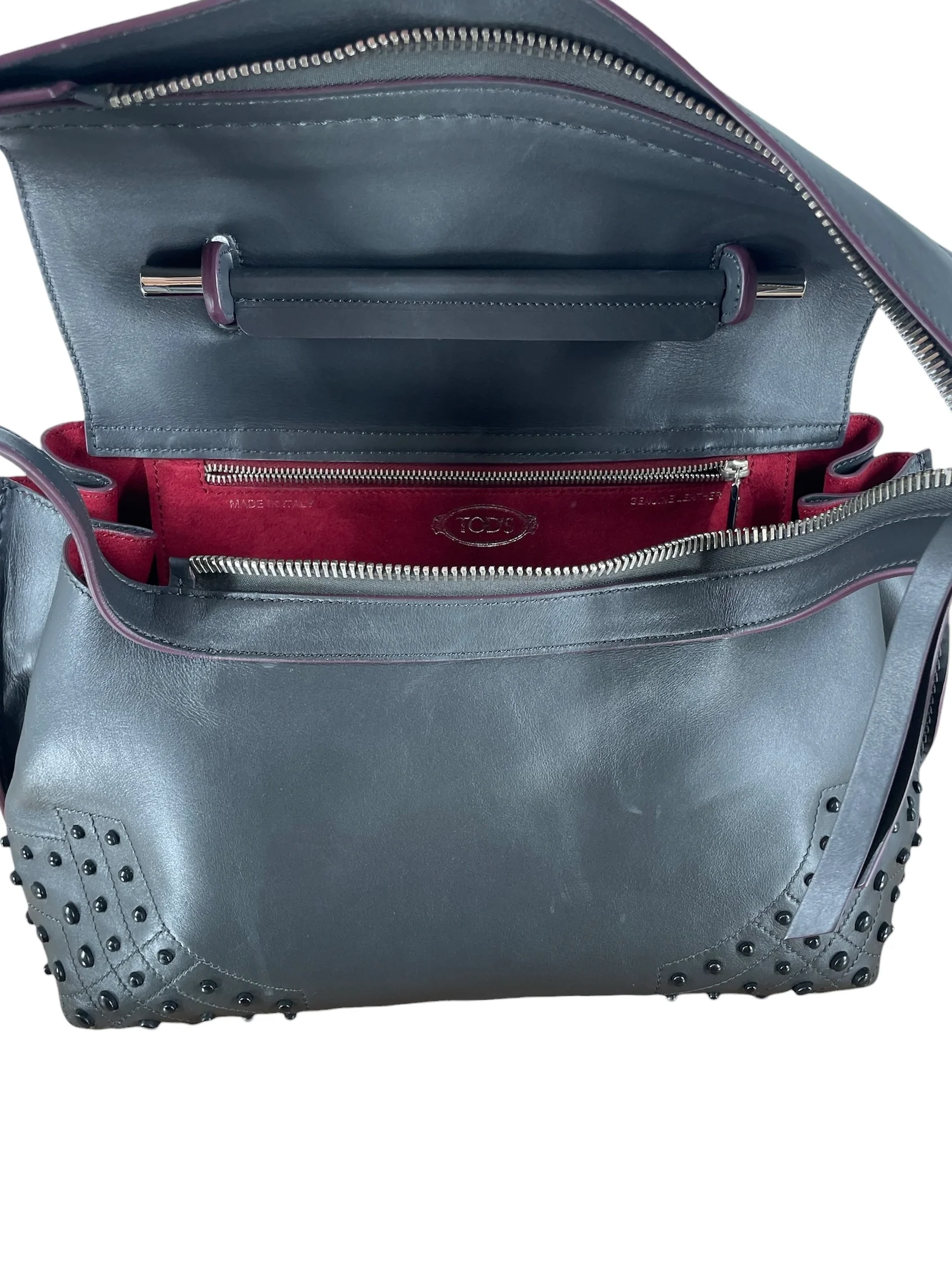 TOD'S/Hand Bag/Leather/GRY/studded red interior bag