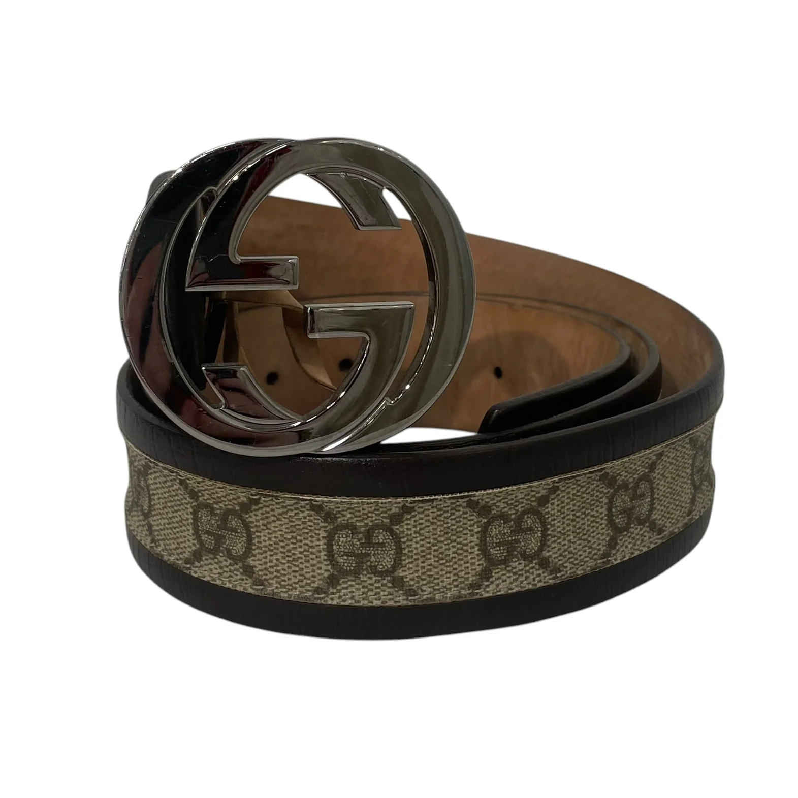 GUCCI/Belt/Border/Leather/BRW/silver GG canvas supreme
