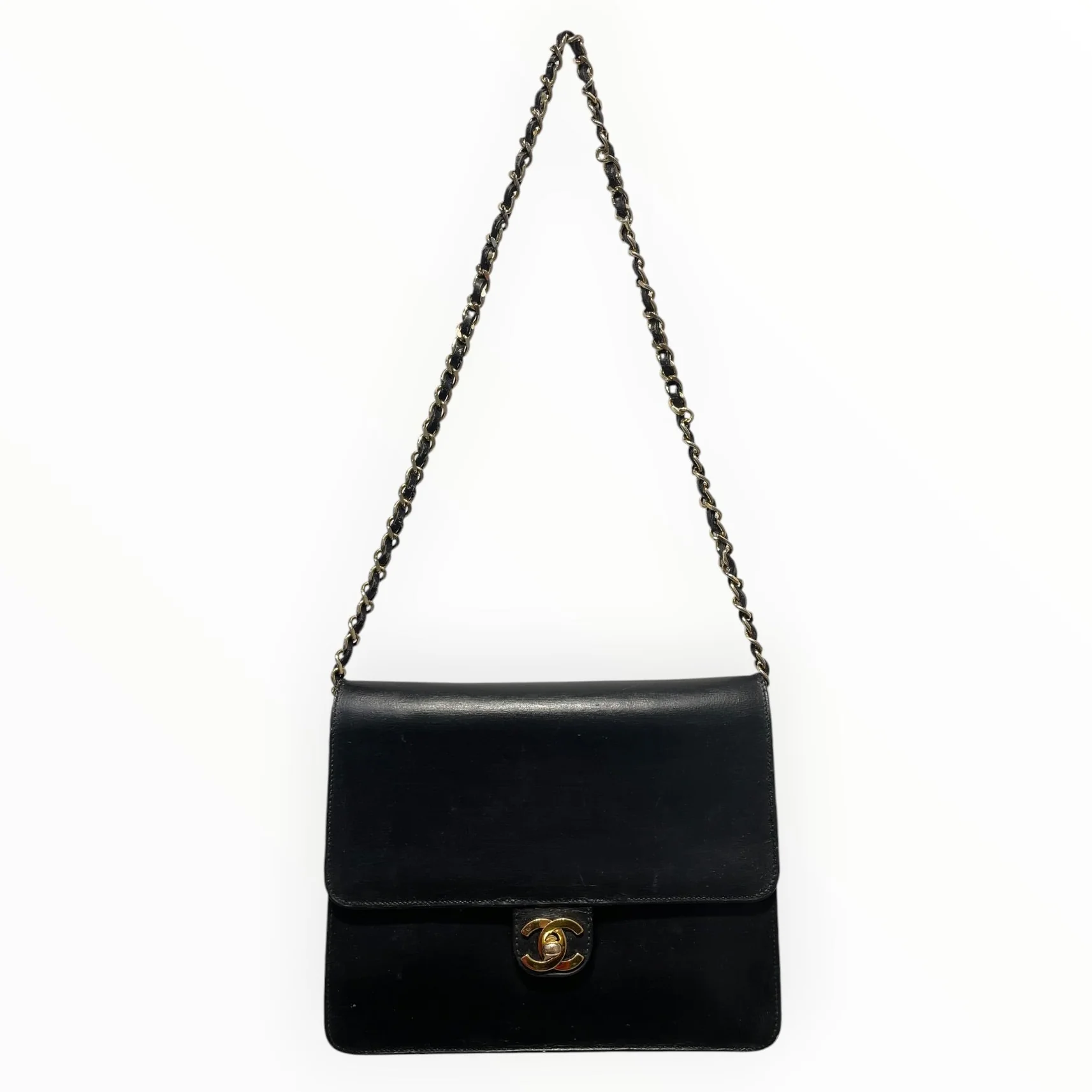 CHANEL/Vintage/Hand Bag/Leather/BLK/Single Flap Gold Hardware