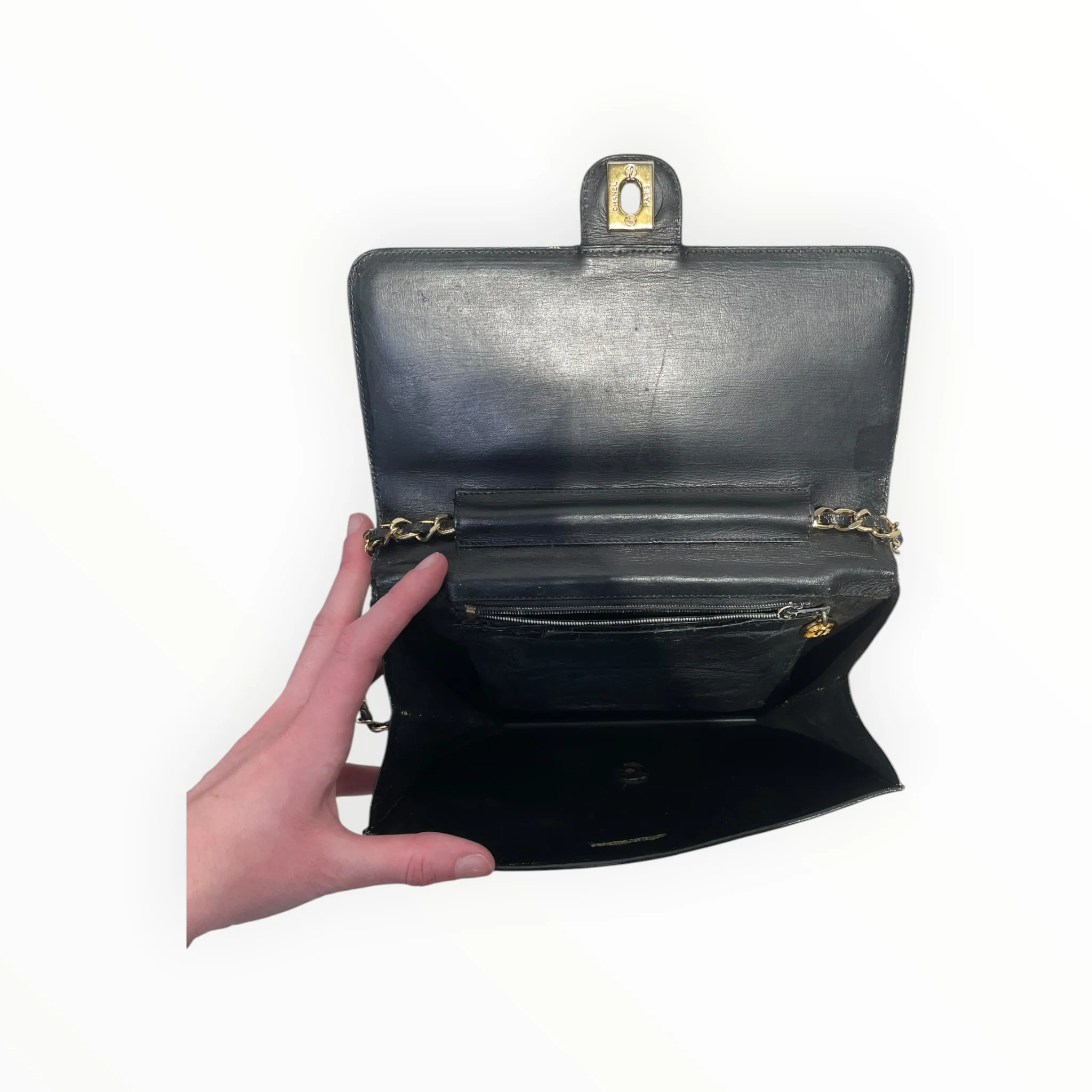 CHANEL/Vintage/Hand Bag/Leather/BLK/Single Flap Gold Hardware