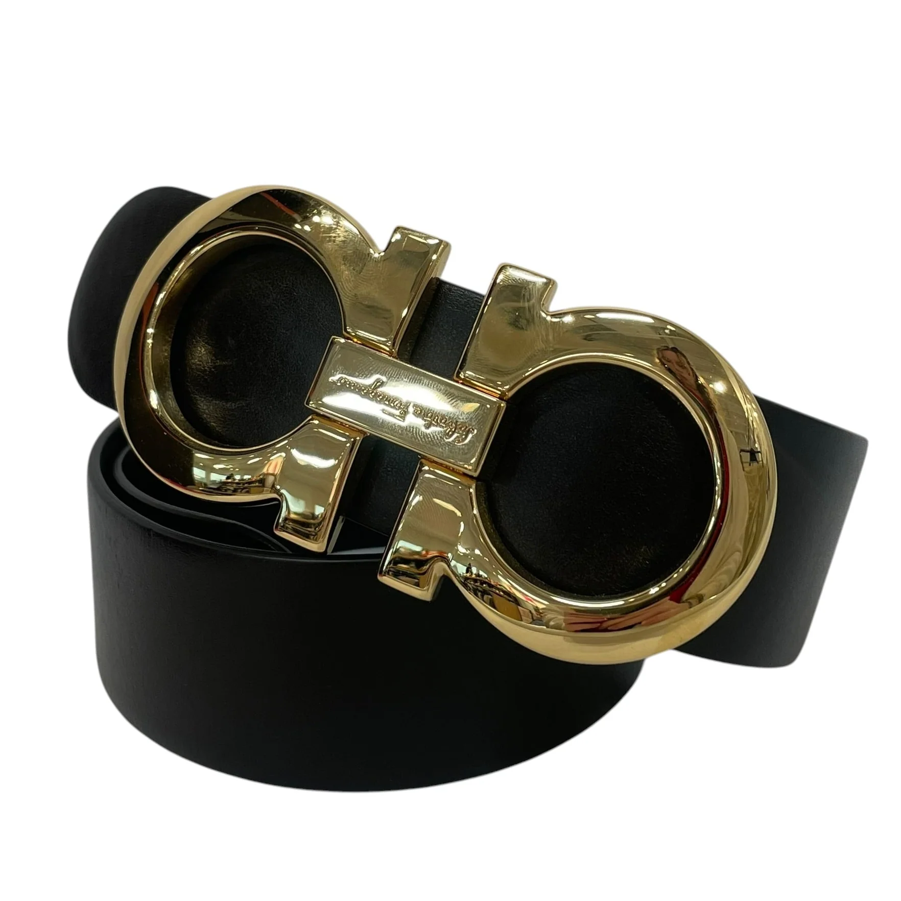 Salvatore Ferragamo/Belt/Leather/BLK/Reversible Gancini Gold Buckle